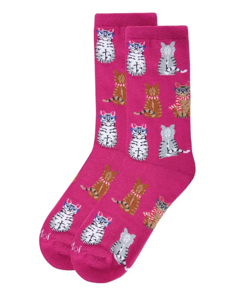Fuchsia - Studious Cats Crew Socks - Printfresh