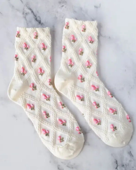 Ivory - Tulip Flower Casual Socks - Tiepology - Printfresh