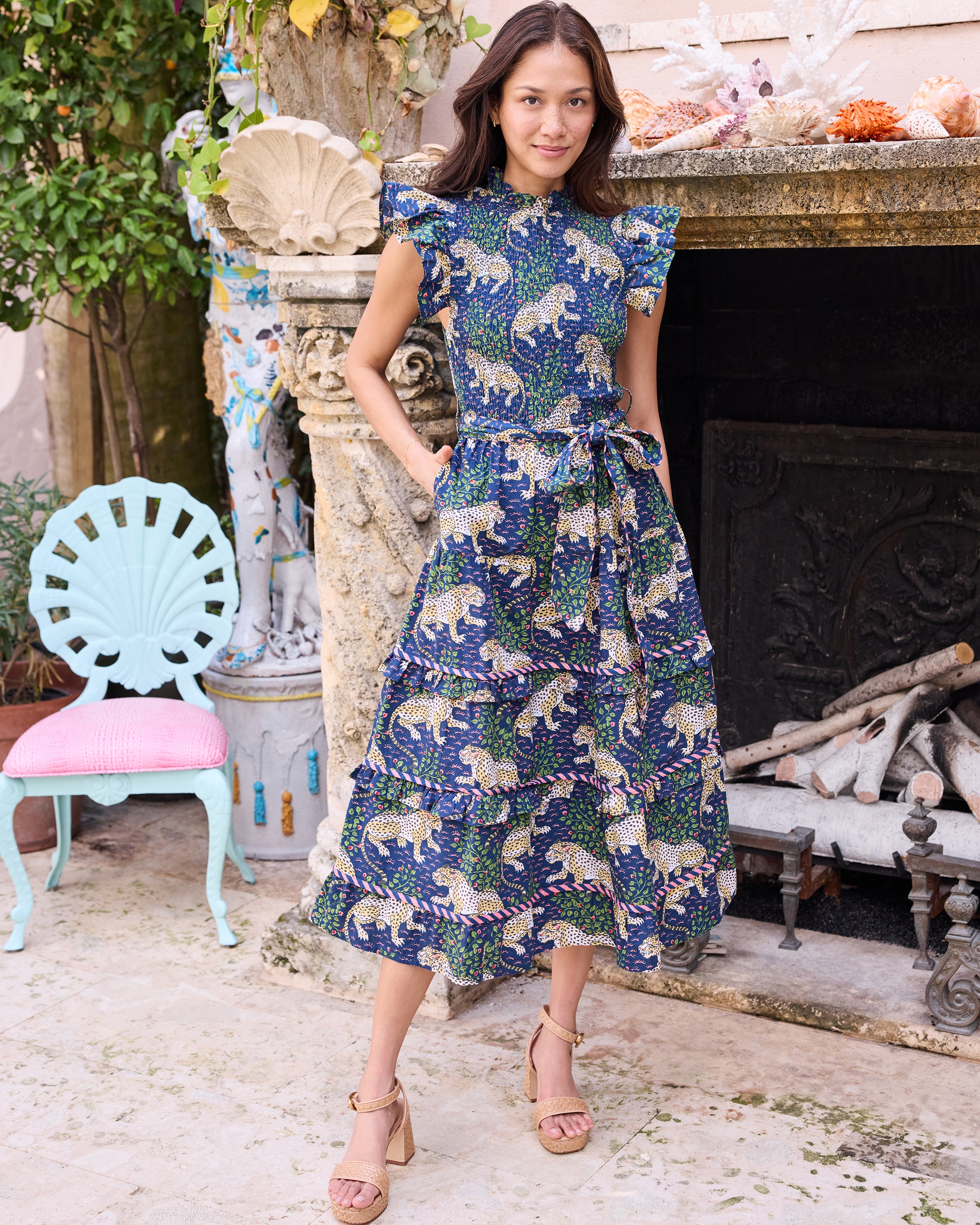 Organic Cotton Smocked Ruffle Sleeve Midi Dress with Pockets and Belt in Leopard Bagheera | Women's Plus Size 1X
