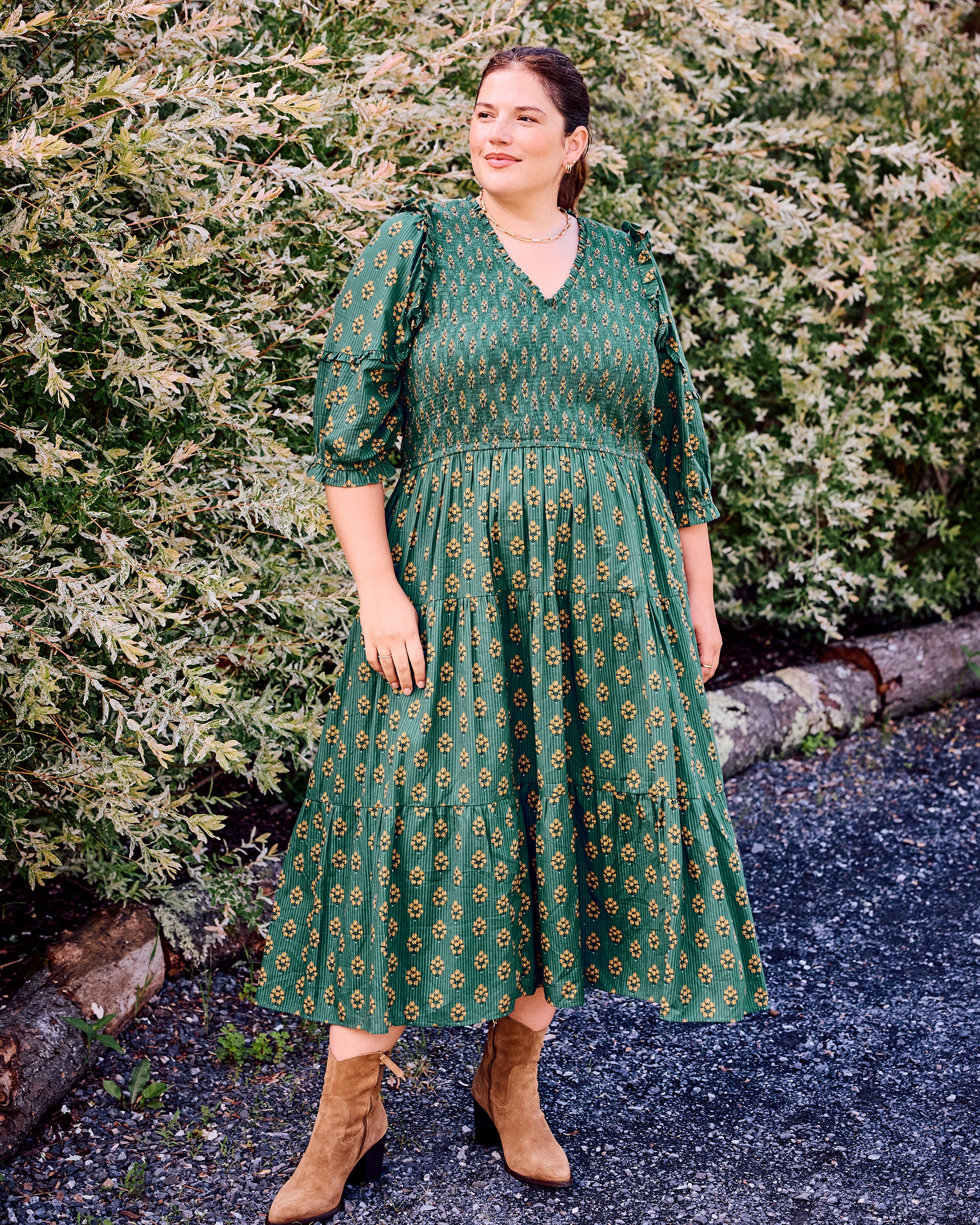 Organic Cotton Half Sleeve Smocked Midi Dress in Texas Bouquet | Women's XS | Green Organic Cotton Half Sleeve Smocked Midi Dress in Texas Bouquet | Women's XS | Green
