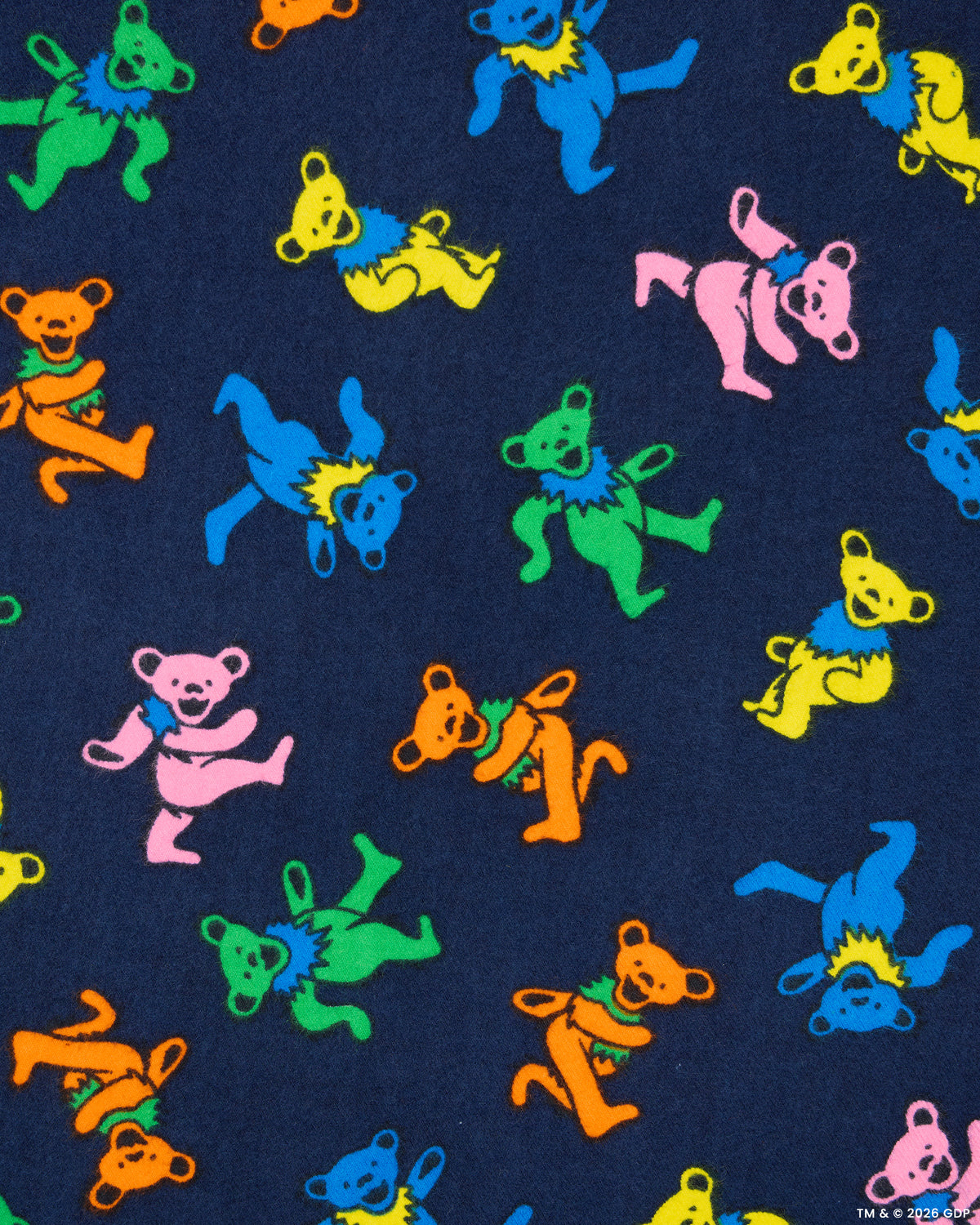 Close-up of the navy Dancing Bears print with colorful bear figures.