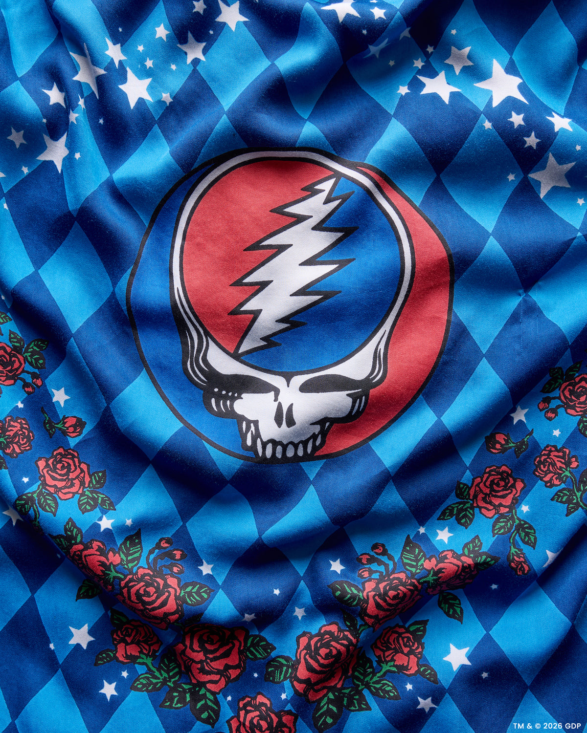 Close-up of the blue argyle print with white stars, red roses, and a large skull-and-lightning graphic.