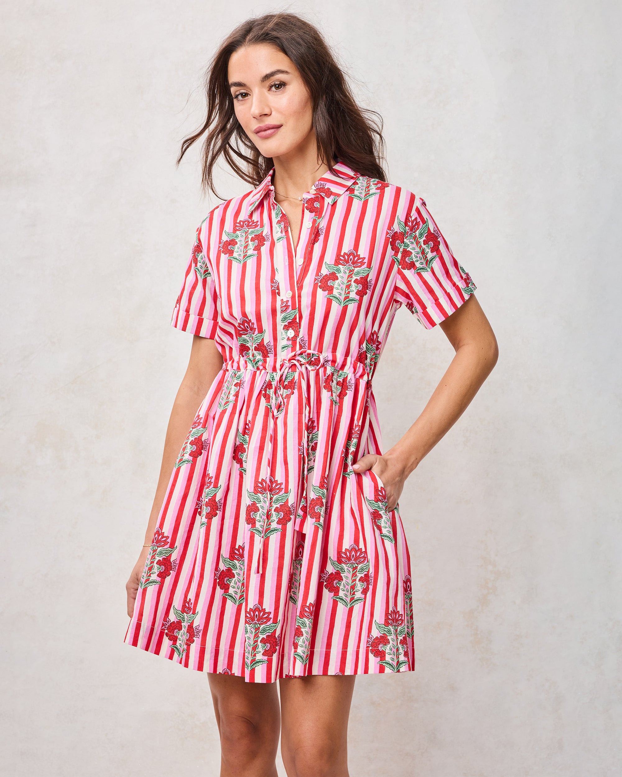 Cotton Short-Sleeve Mini Dress in Carnation Stripes | Women's XXL | Pink