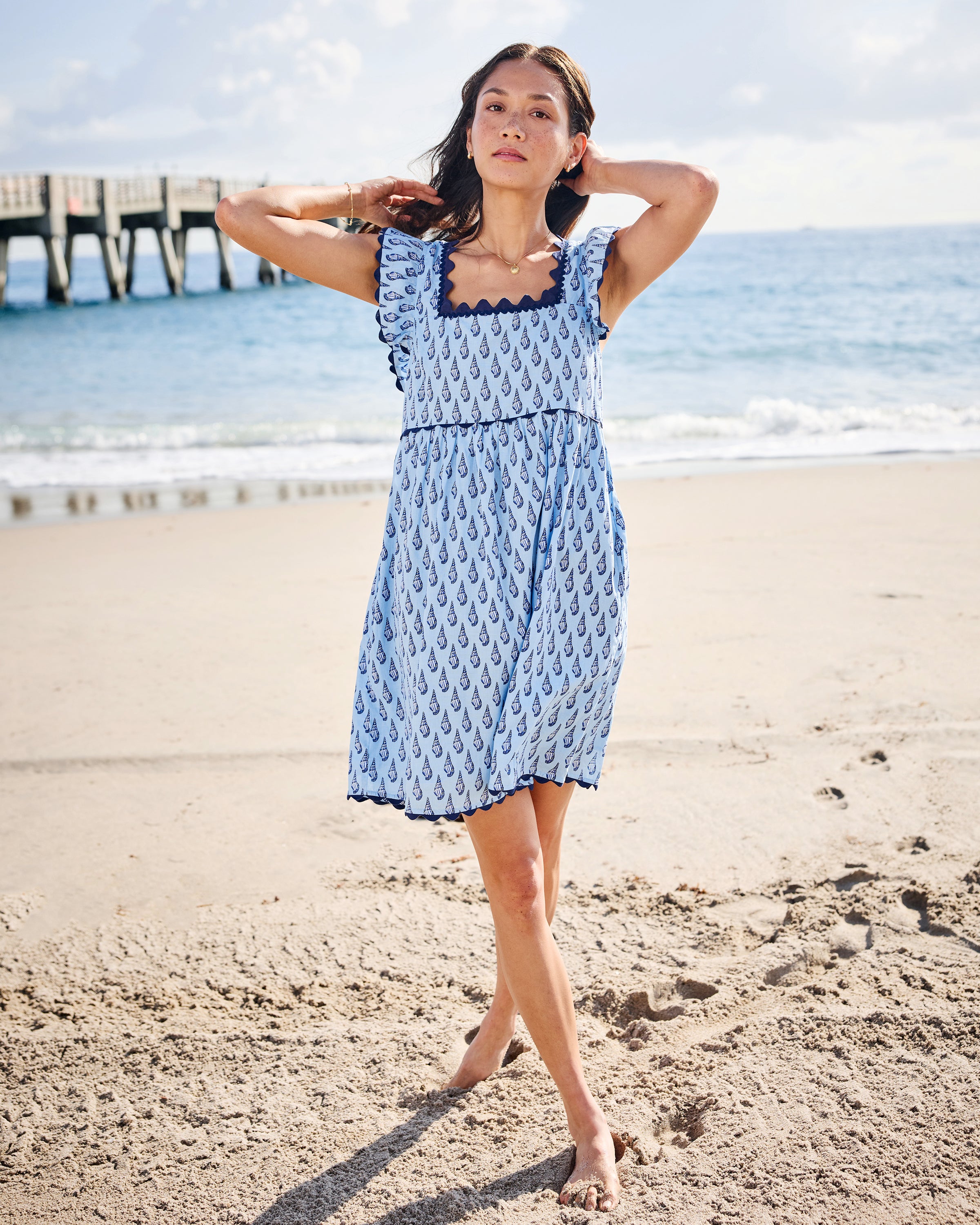 midi conch shell print dress Cotton Short Sleeve Mini in Cascade | Women's XXS | Blue Boat neck Color:BLACK & GREEN Runs true to size Dresses for Women Fit
