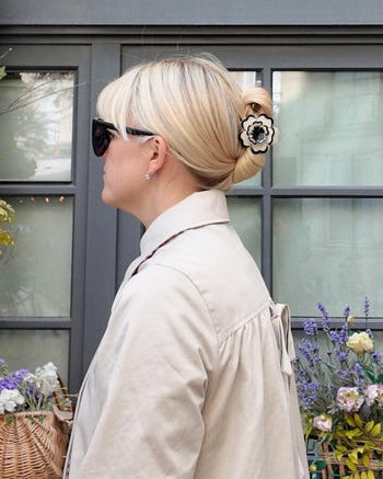 Black/White Combo - Hand Painted Origami Dianthus Flower Hair Clip - Solar Eclipse - Printfresh