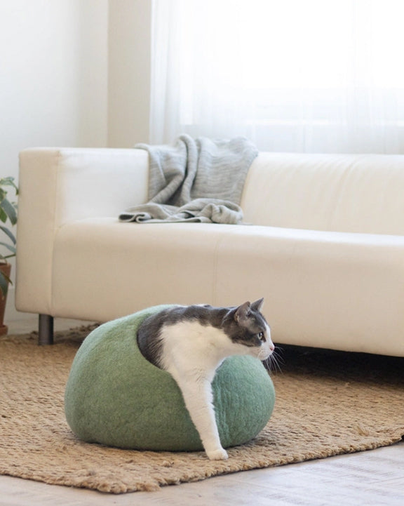 Eucalyptus Green - Wool Cat Cave Bed - Fuzzy Cove - Printfresh