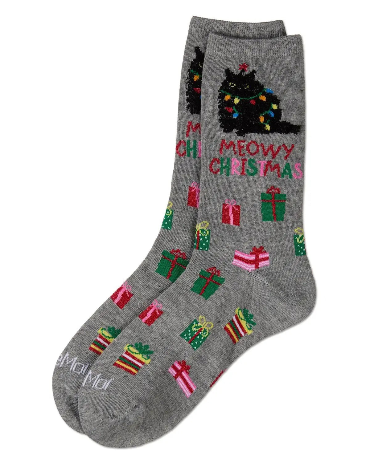 Pair of gray crew socks with black cat graphics, colorful presents, and “MEOWY CHRISTMAS” lettering.