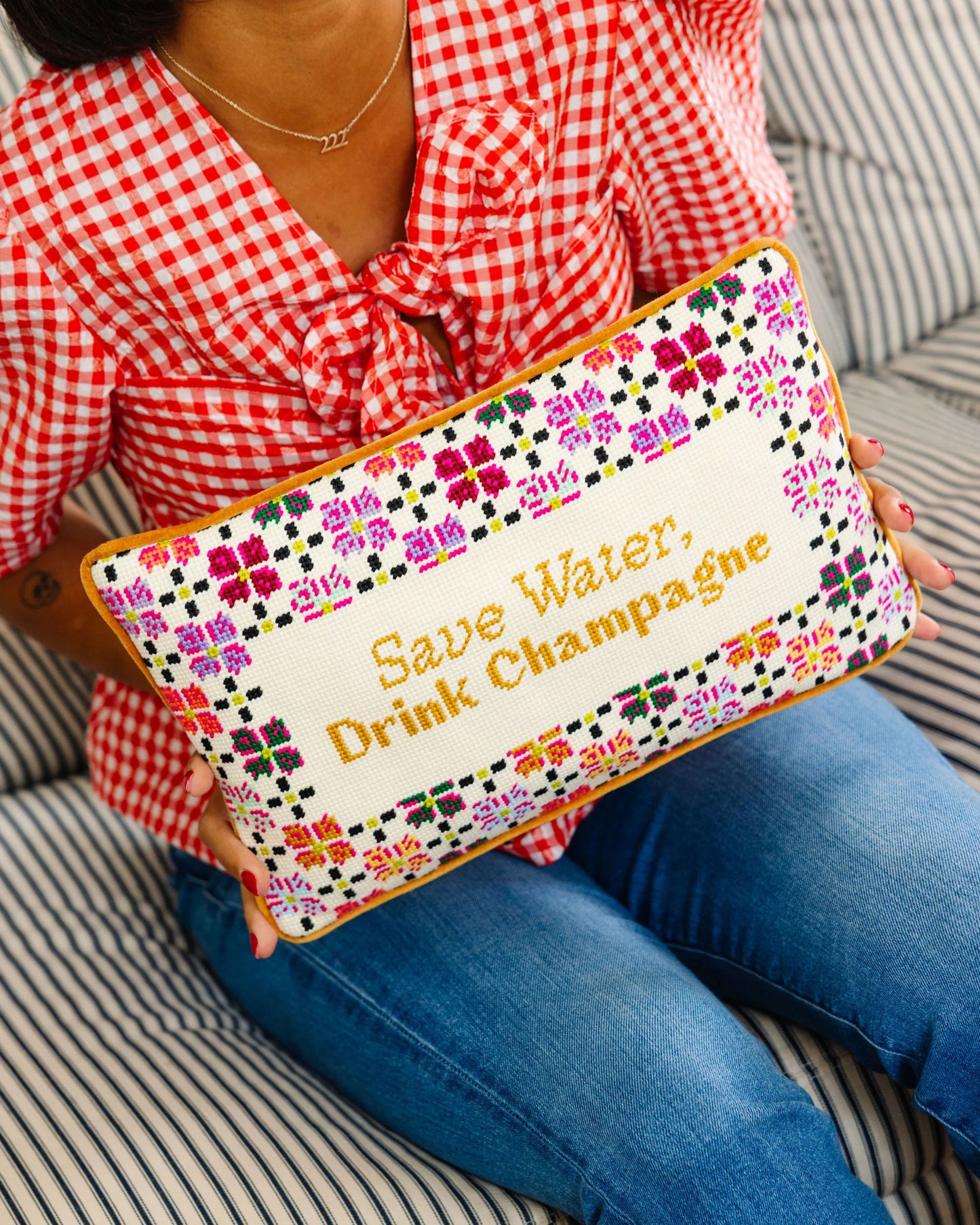 Ivory - Drink Champagne Needlepoint Pillow - Furbish Studio