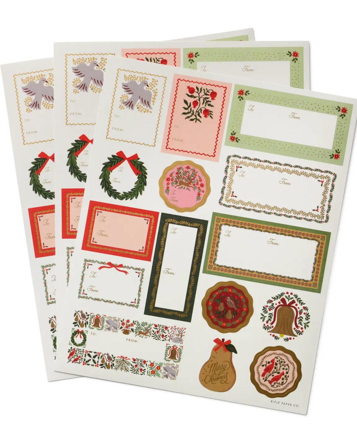 Three sheets of holiday stickers and gift labels with colorful borders, wreaths, birds, bells, and other festive illustrations.