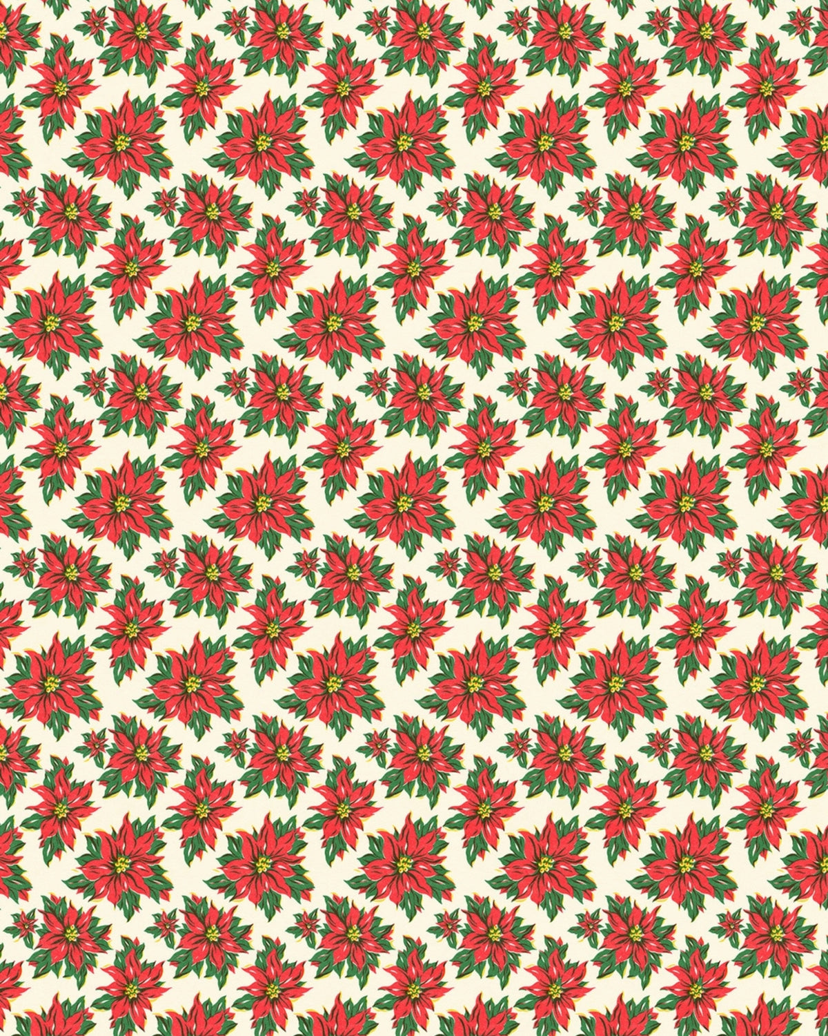 Repeating wrapping-paper pattern of red poinsettias with green leaves on a cream background.
