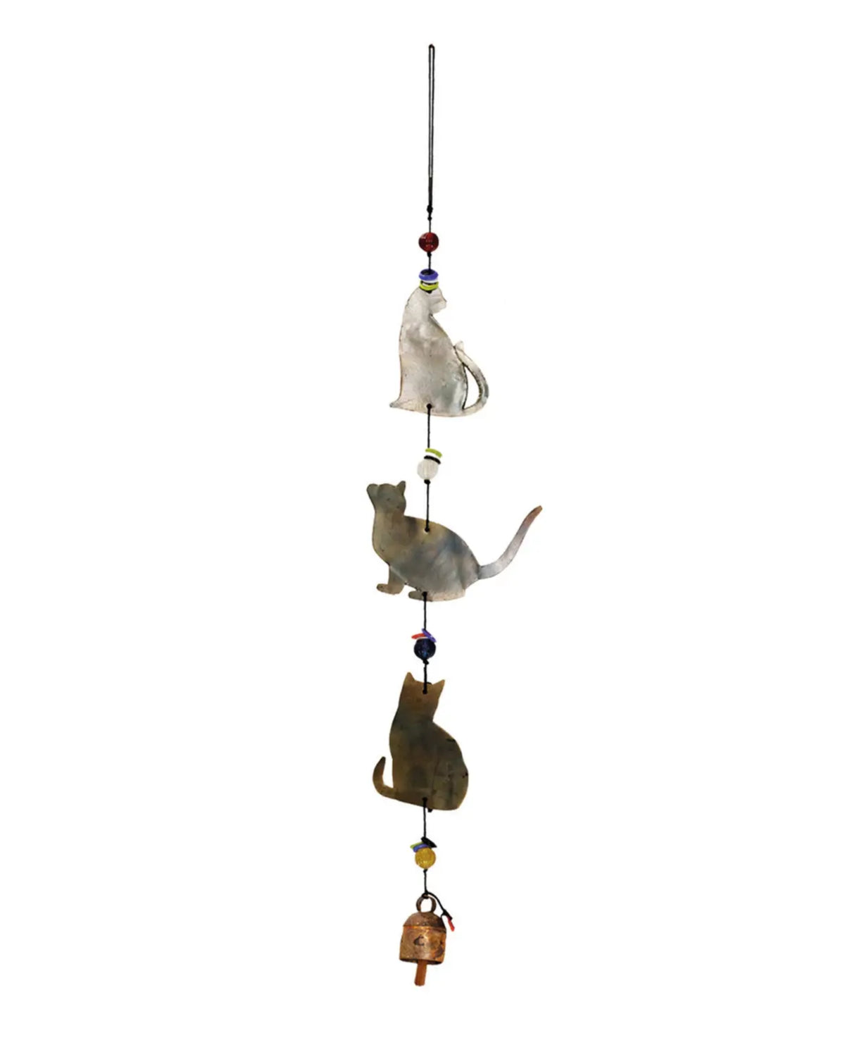 Hanging cat wind chime with three cat figures, beads, and a bell