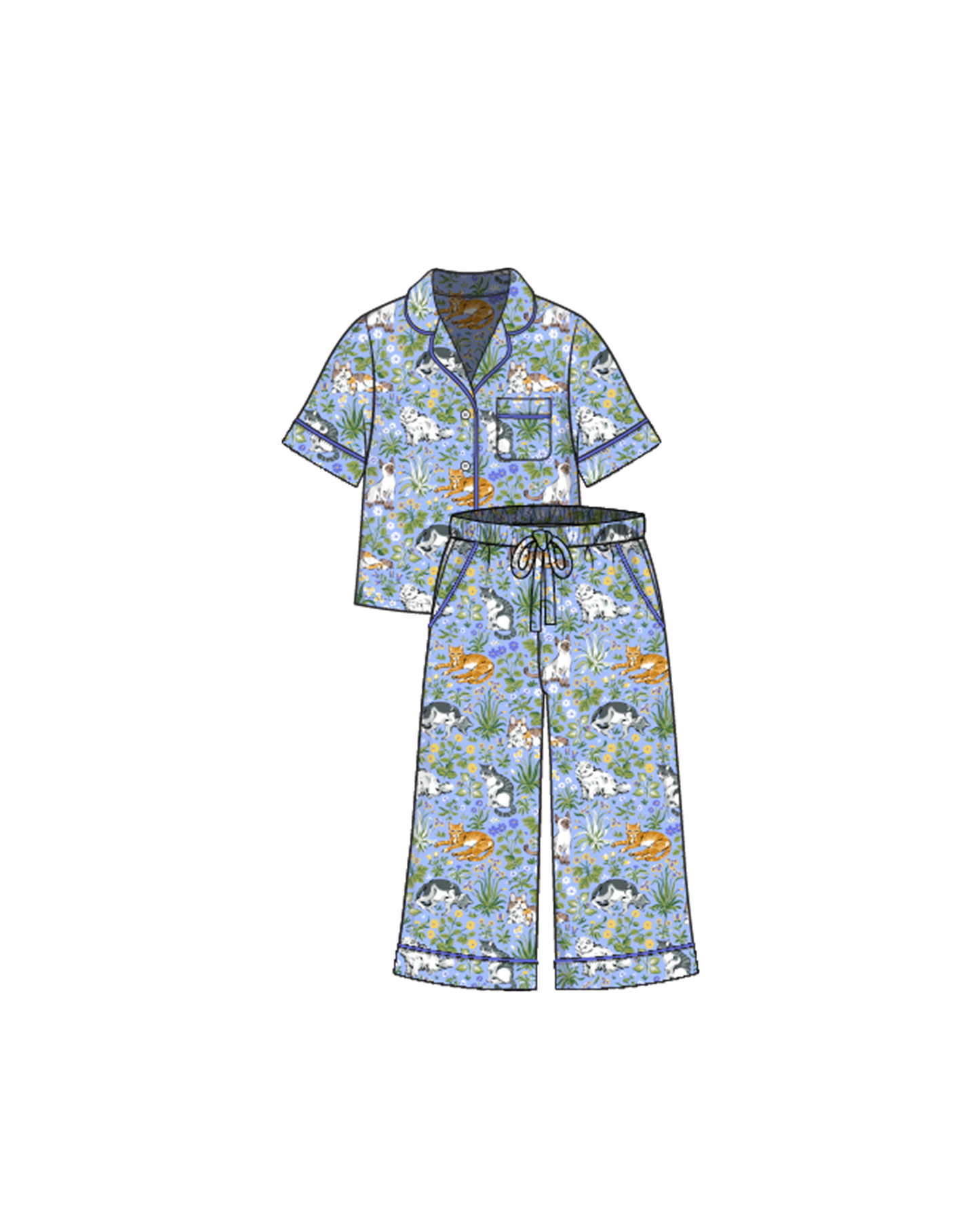 Must Love Cats - Short Sleeve Top & Cropped Pants Set - Cornflower - Printfresh