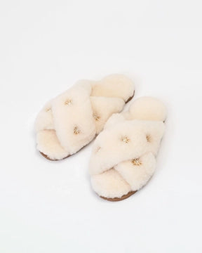 Beige Sheepskin Slippers with Rhinestones - Printfresh