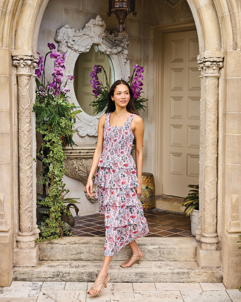 Smocked Tiered Midi Dress in Flora Flamingo | Women's M