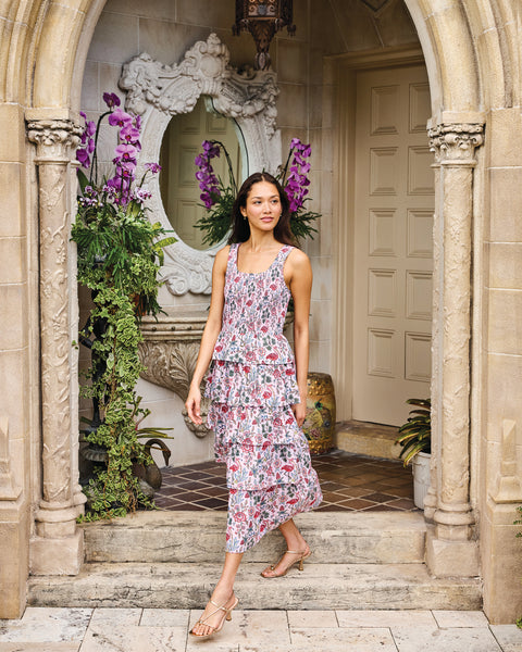 Smocked Tiered Midi Dress in Flora Flamingo | Women's M