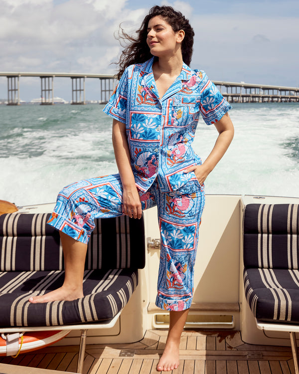 Tidal Tapestry - Short Sleeve Top & Cropped Pants Set - Saltwater Blue - Printfresh