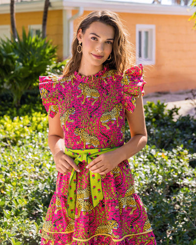 Organic Cotton Smocked Ruffle Sleeve Midi Dress with Pockets and Belt in Leopard Bagheera | Women's L | Pink | Mother's Day Gifts Organic Cotton Smocked Ruffle Sleeve Midi Dress with Pockets and Belt in Leopard Bagheera | Women's L | Pink | Mother's Day Gifts
