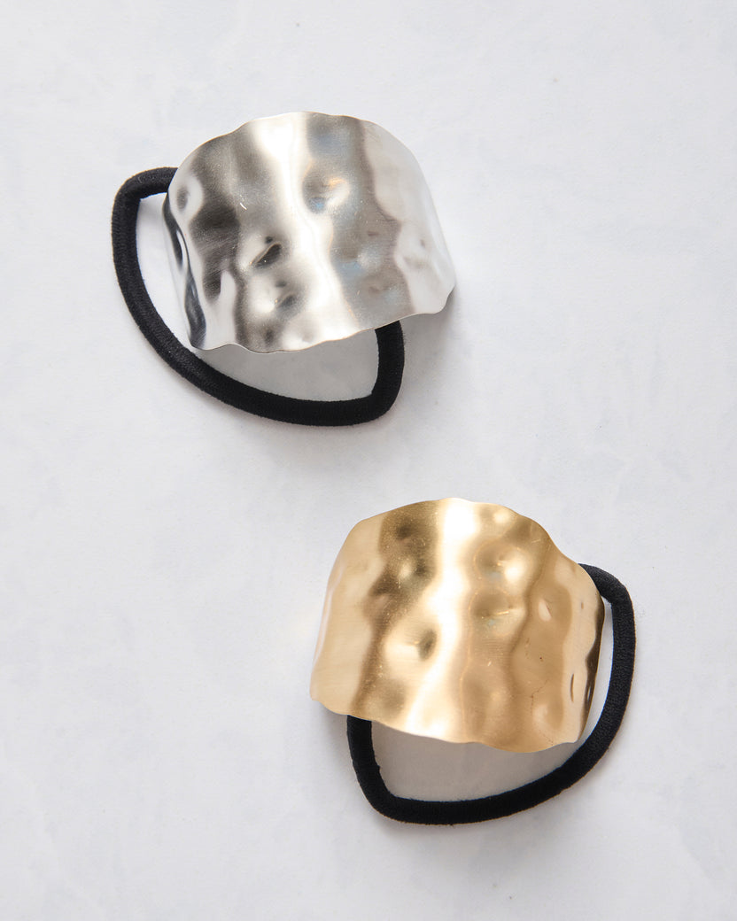 Silver/Gold - 2 Pack Hammered Metal Hair Ties - Banded - Printfresh
