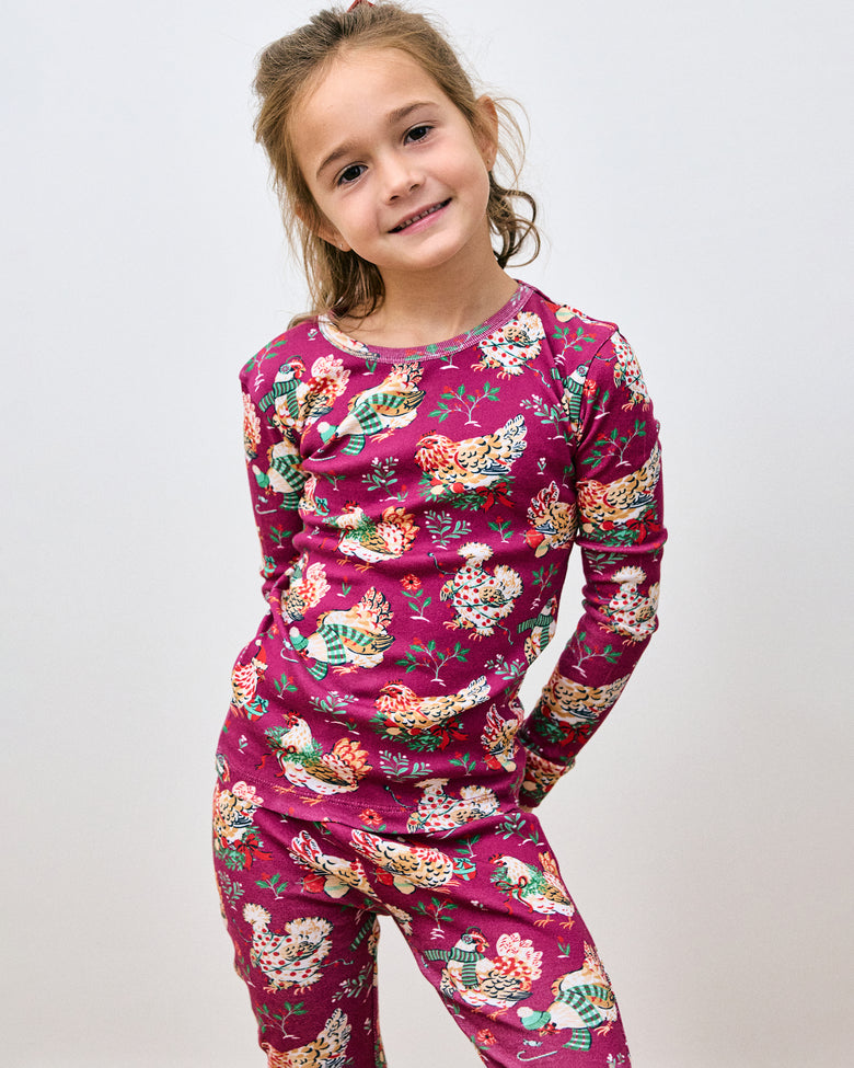 Holiday Hens - Kids Snug Fit PJ Set - Burgundy - Printfresh
