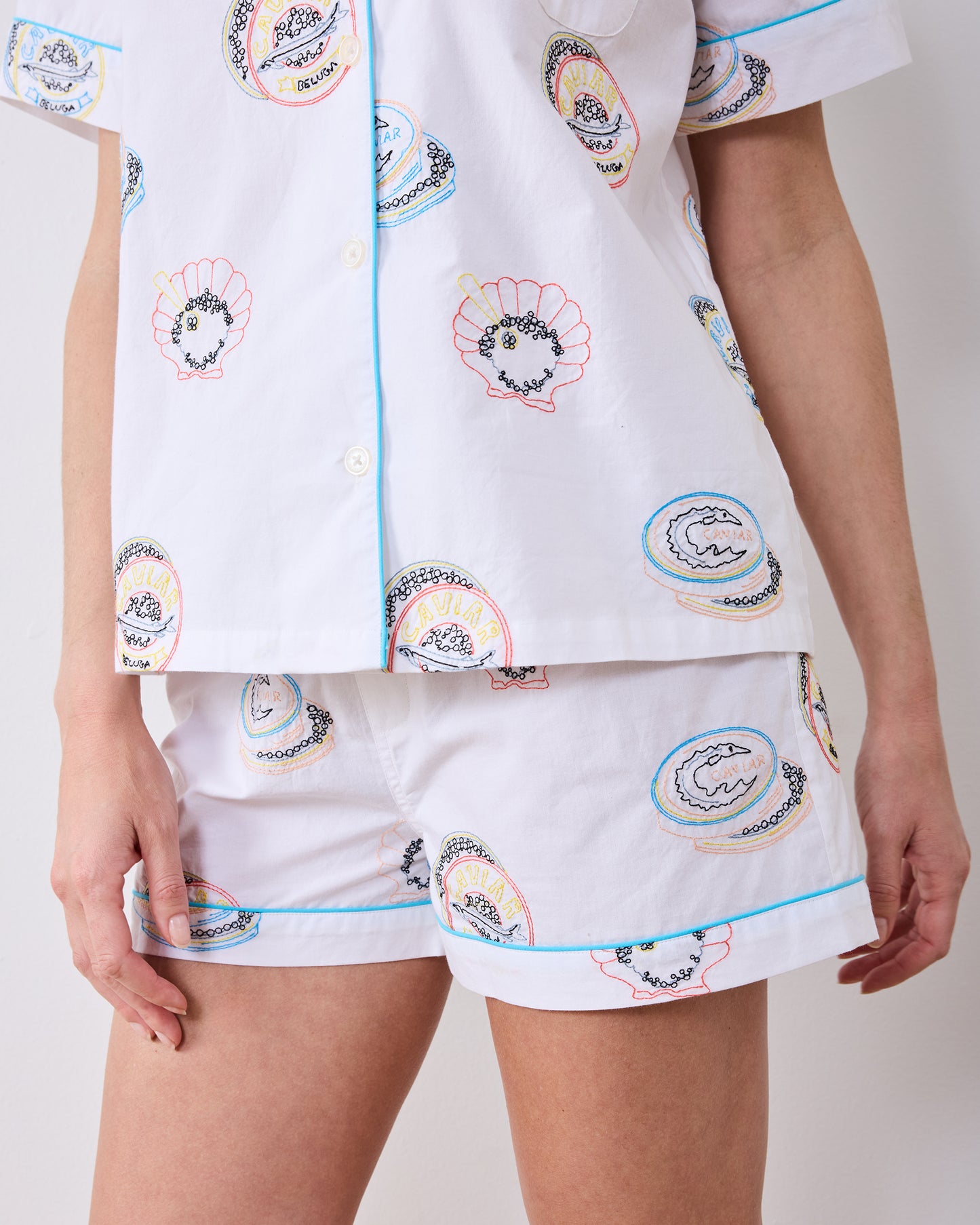 Embroidered Caviar Club - Short PJ Set - Pearl
