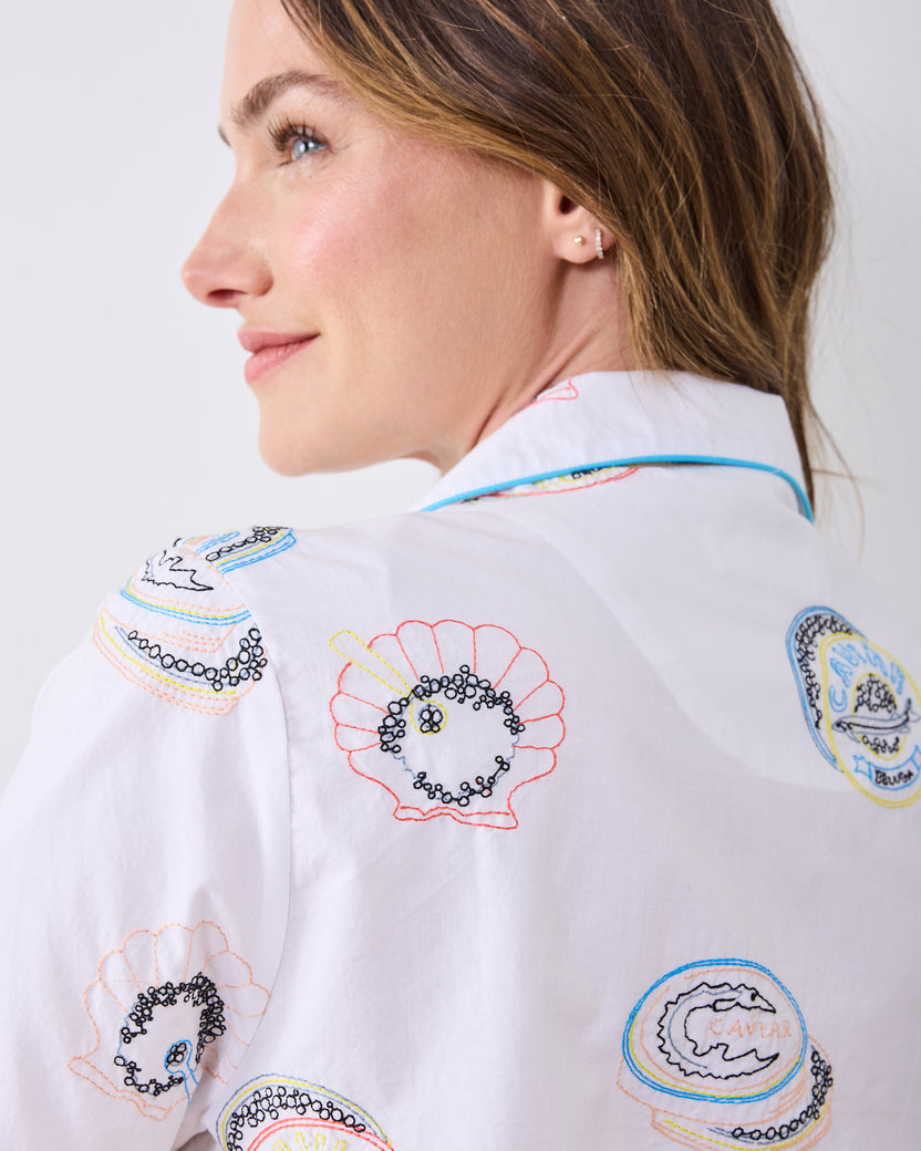 Embroidered Caviar Club - Short PJ Set - Pearl