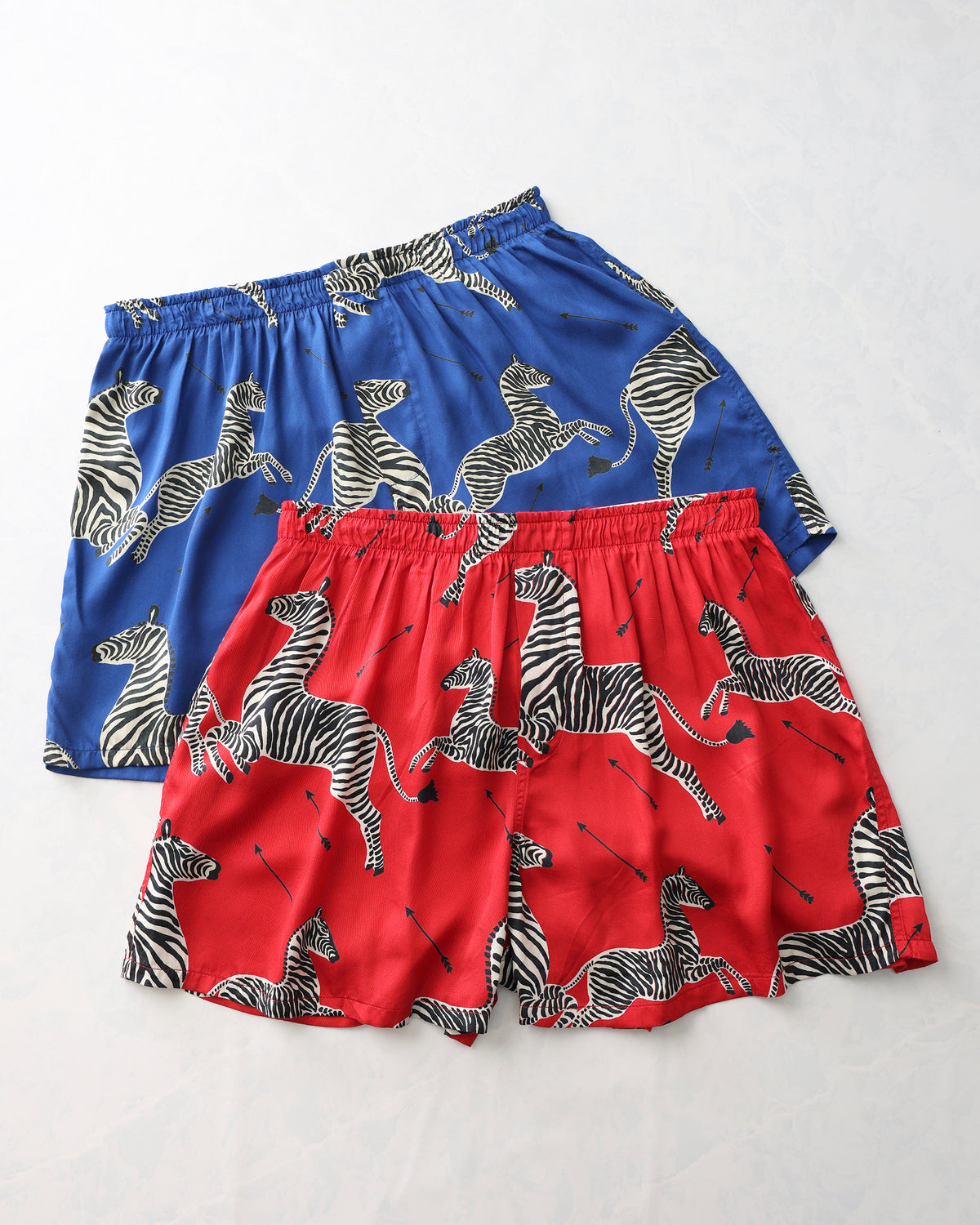 Red and blue zebra-print boxer shorts laid flat.
