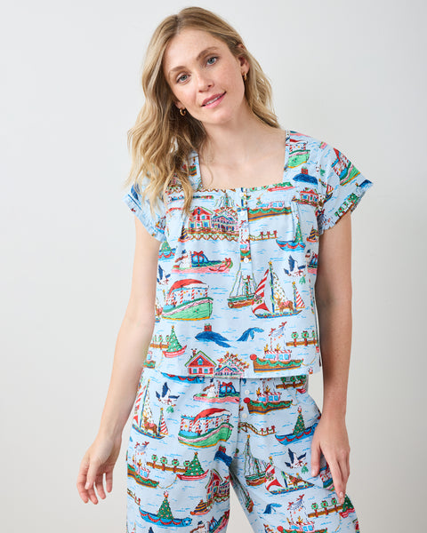 Sugar Plum Ferry - Pintuck Cropped Pant Set - Blue Sailboat