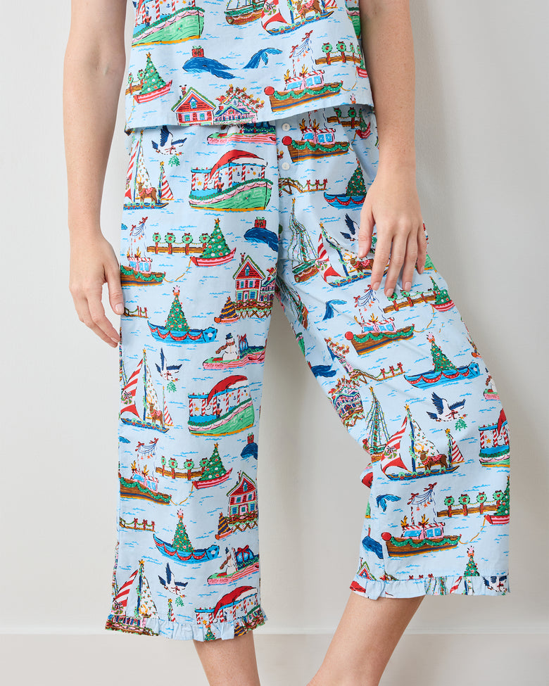 Sugar Plum Ferry - Pintuck Cropped Pant Set - Blue Sailboat - Printfresh