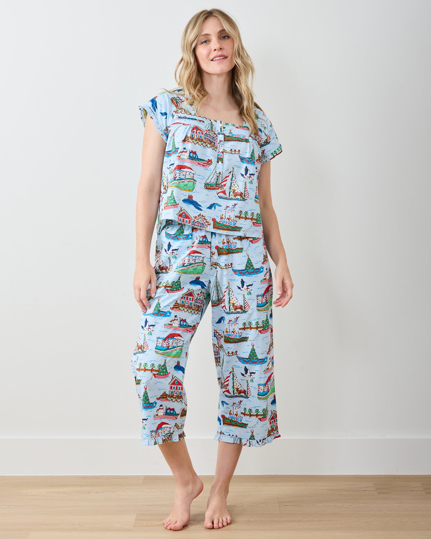 Sugar Plum Ferry - Pintuck Cropped Pant Set - Blue Sailboat - Printfresh