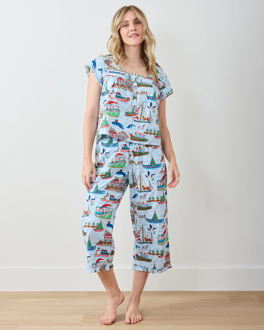 Sugar Plum Ferry - Pintuck Cropped Pant Set - Blue Sailboat - Printfresh