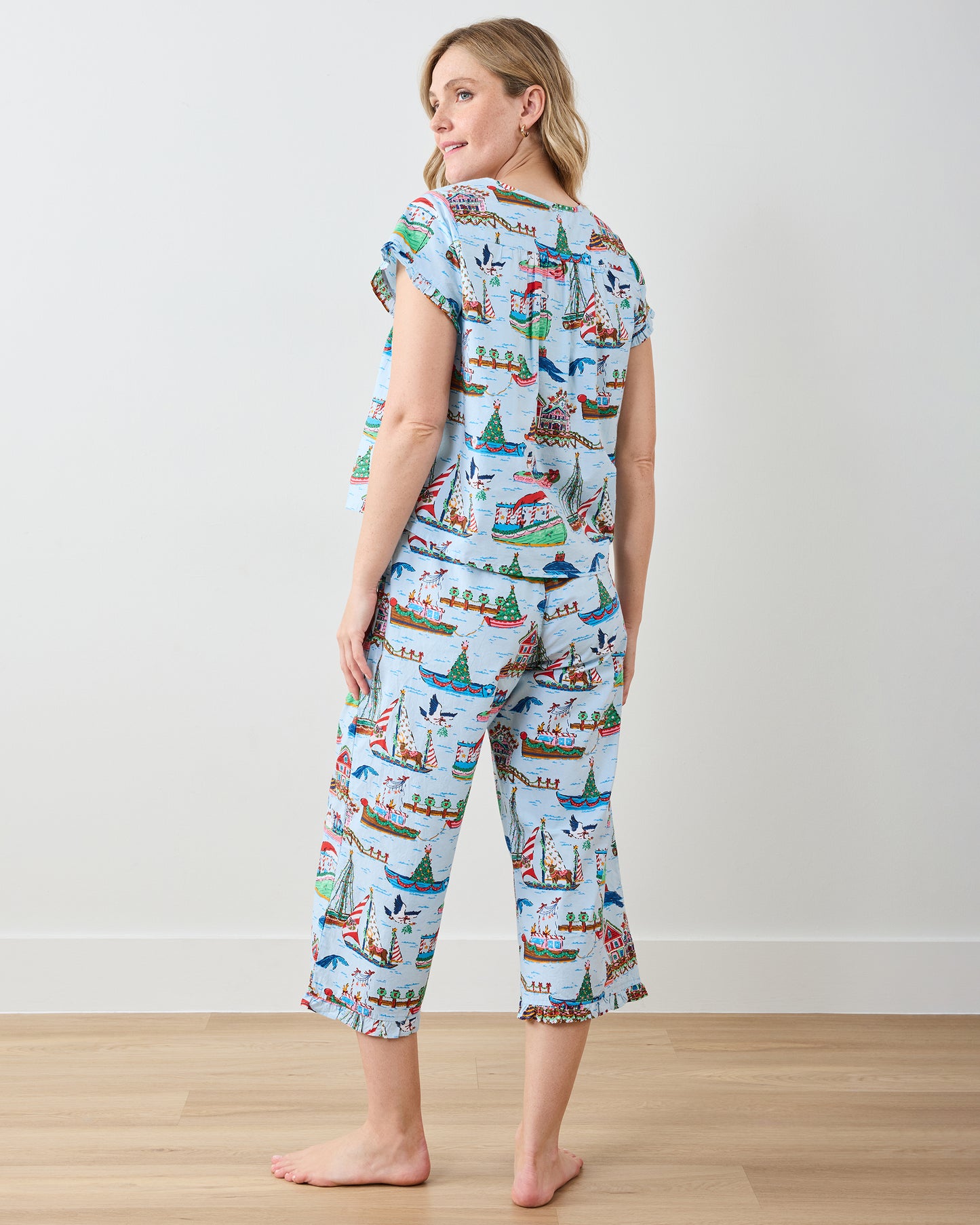 Sugar Plum Ferry - Pintuck Cropped Pant Set - Blue Sailboat - Printfresh