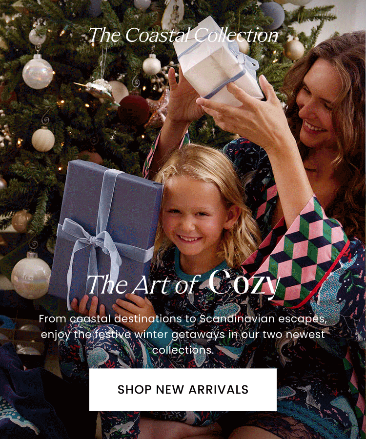Person and child holding wrapped gifts beside a decorated tree, overlaid with collection promotion text and a shop button.