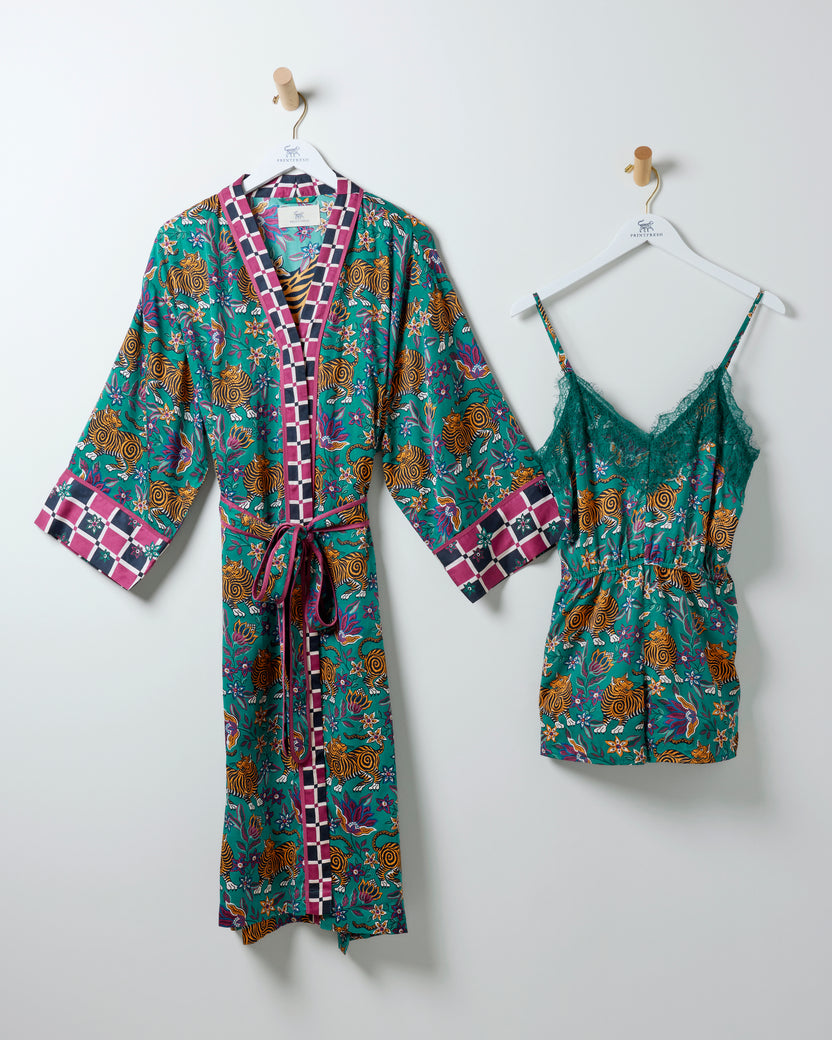 Tibetan Tigress - Eco Satin Robe & Madeline Romper Bundle - Royal Teal