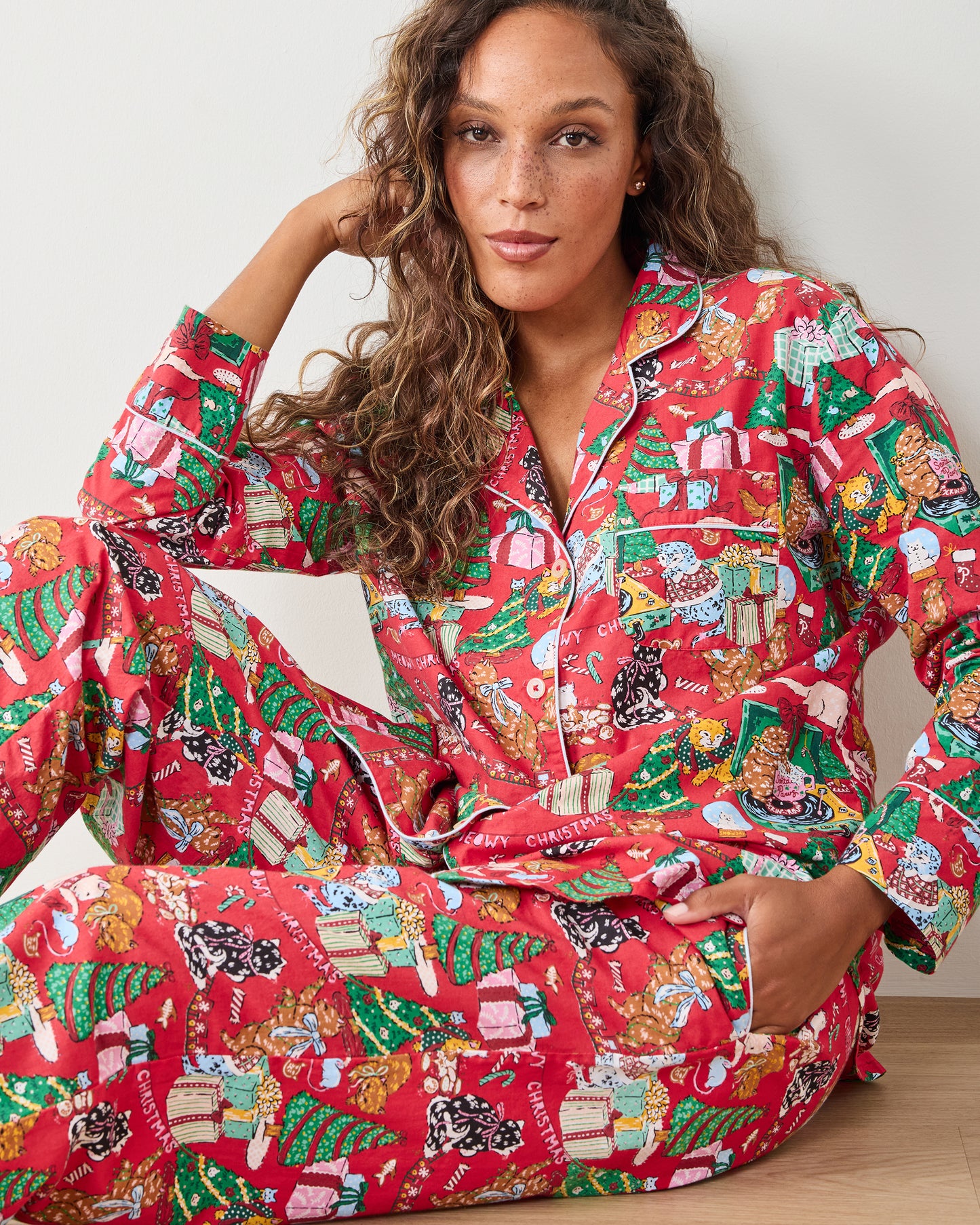 Meowy Christmas - Long PJ Set - Red Bow - Printfresh