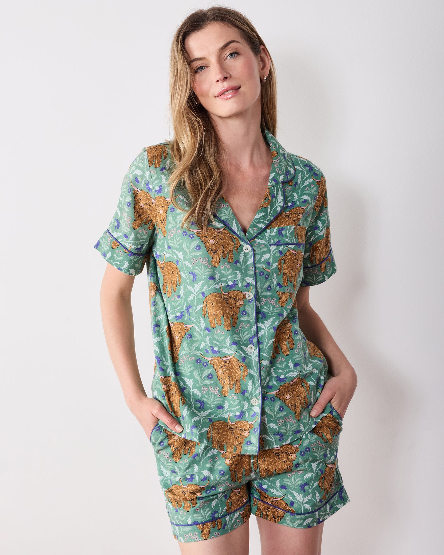 Highland Cows - Lightweight Flannel Short PJ Set - Soft Thistle