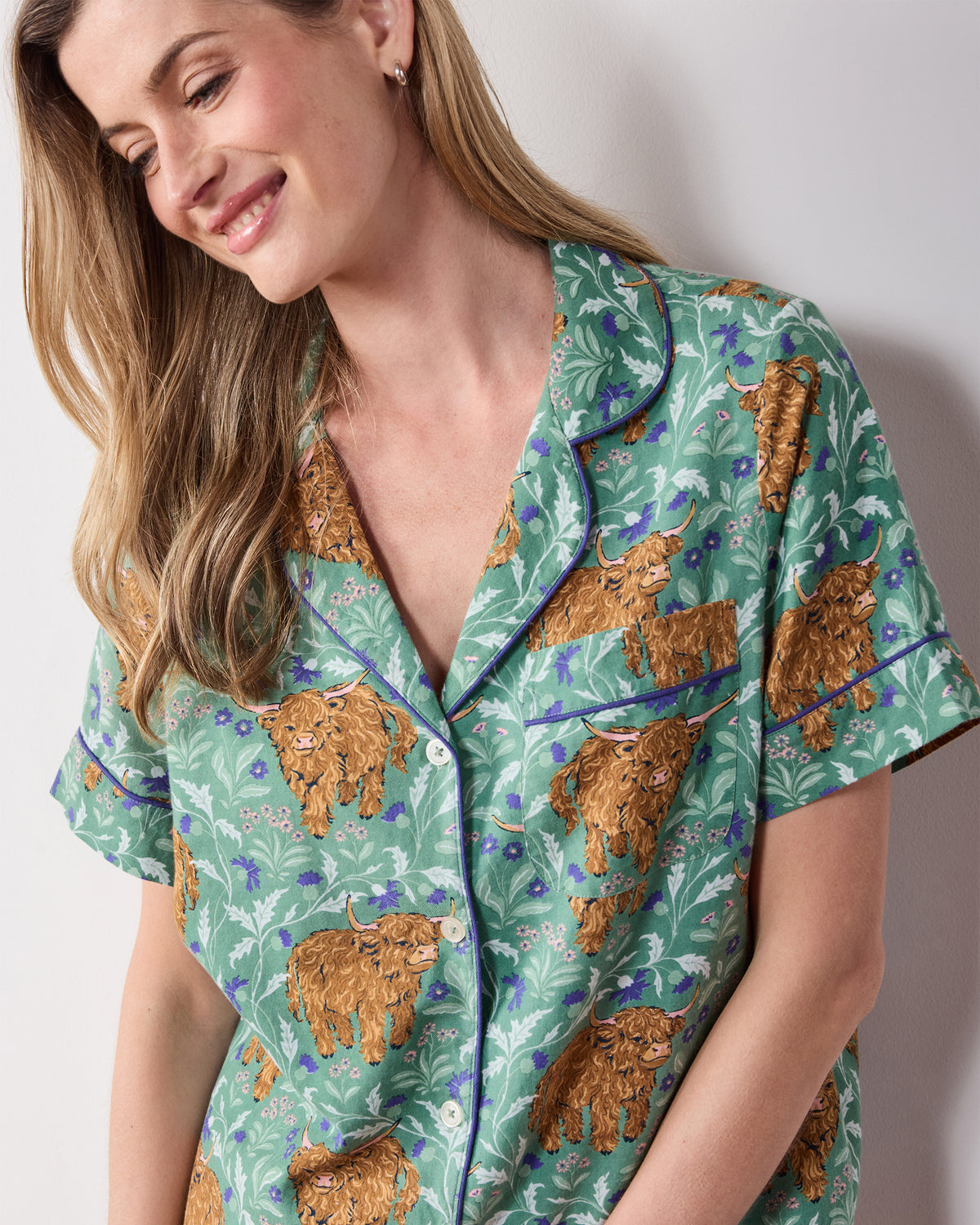 Highland Cows - Lightweight Flannel Short PJ Set - Soft Thistle