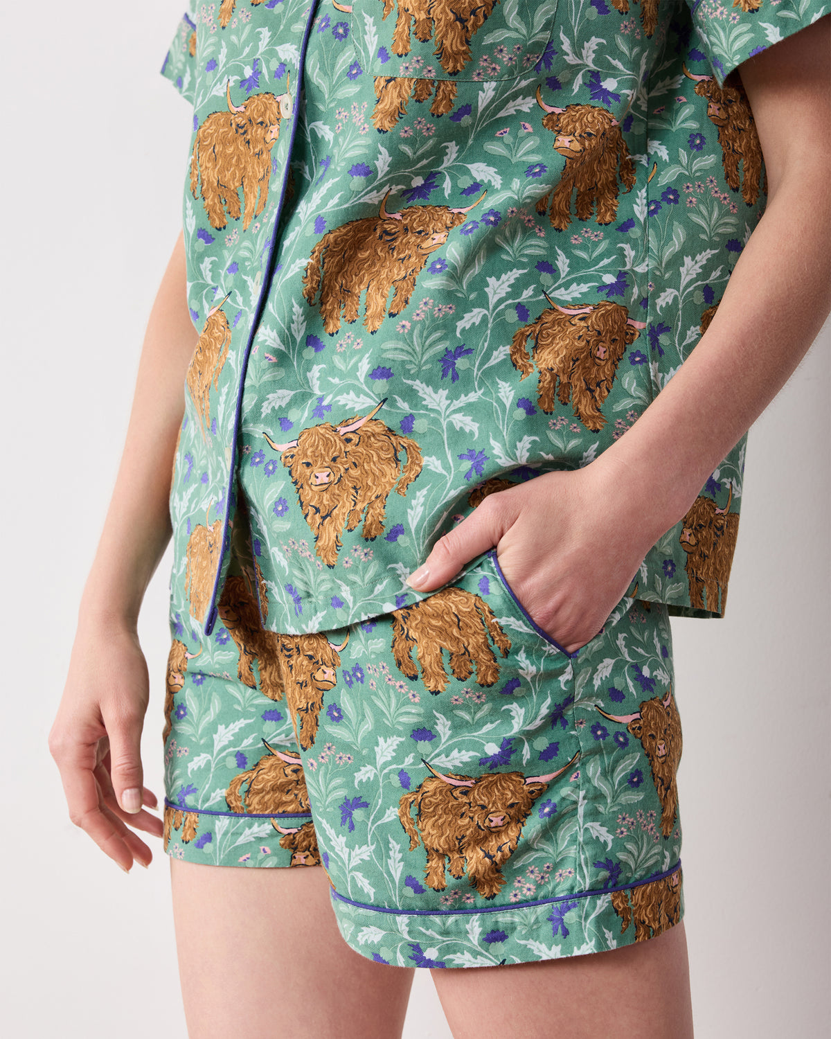 Highland Cows - Lightweight Flannel Short PJ Set - Soft Thistle