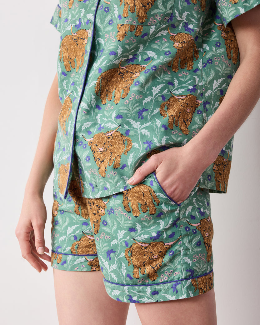 Highland Cows - Lightweight Flannel Short PJ Set - Soft Thistle