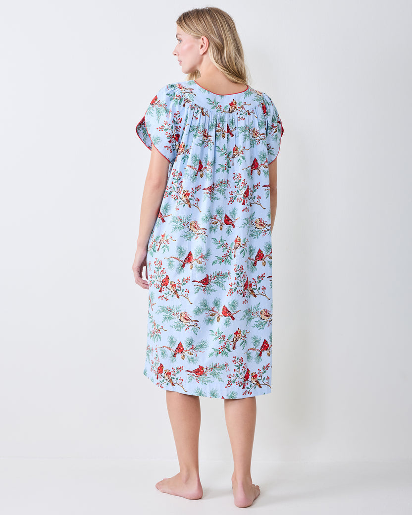 Back view of the Winter Cardinals Retro Dreams nightgown showing its short sleeves and full bird-and-branch print.