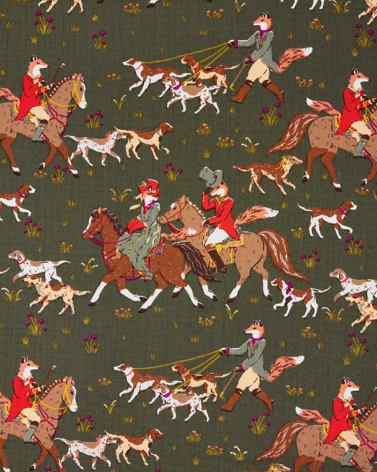Close-up of the pine-green foxes-and-horses print with riders, hounds, and small plants.