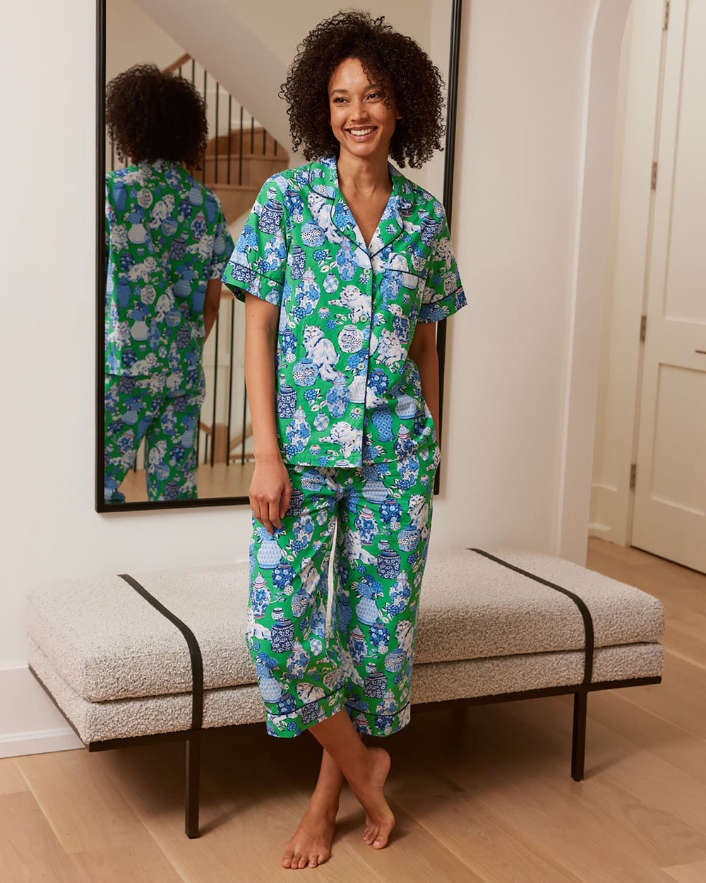 Fancy Cat - Short Sleeve Top & Cropped Pajama Pants Set - Green Juice - Printfresh