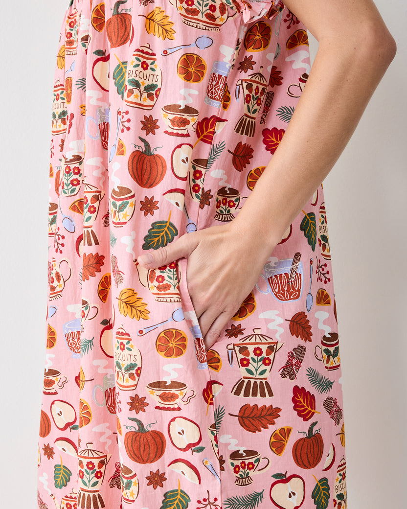 Close-up of the Autumn Cafe nightgown’s printed fabric and side pocket.