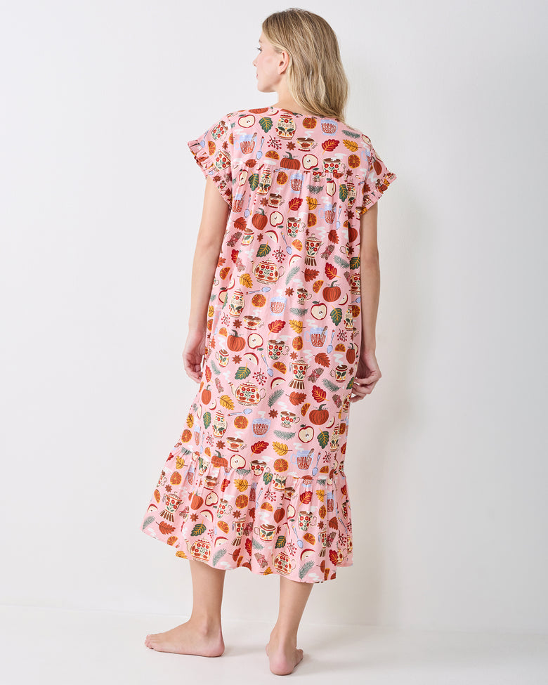 Back full-length view of the Autumn Cafe nightgown with short ruffled sleeves, gathered back yoke, and ruffled midi hem.