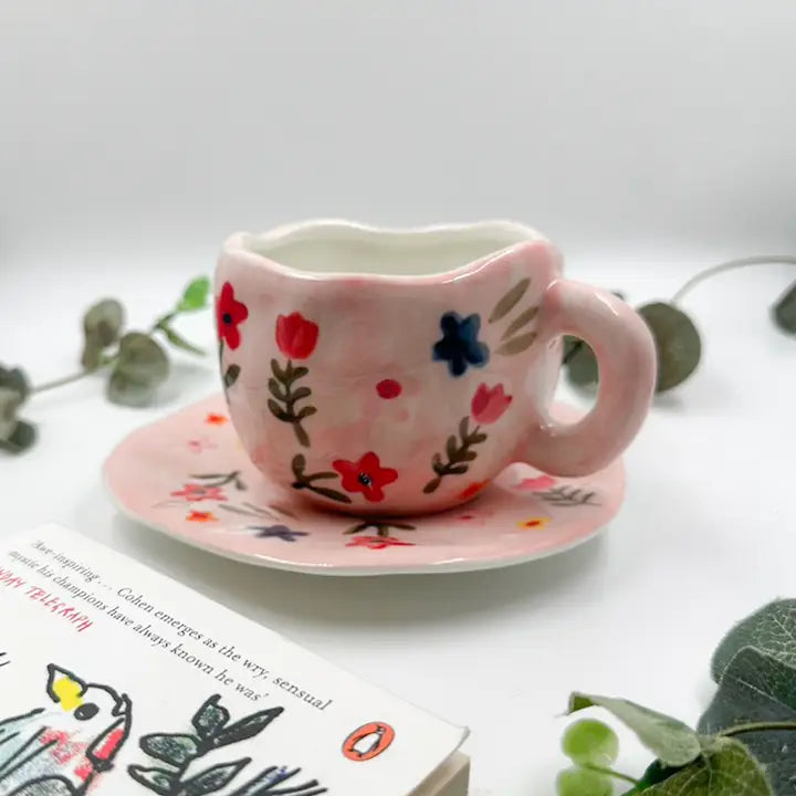 Pink Combo - Flower Ceramic Mug and Saucer - Chow's Stories - Printfresh