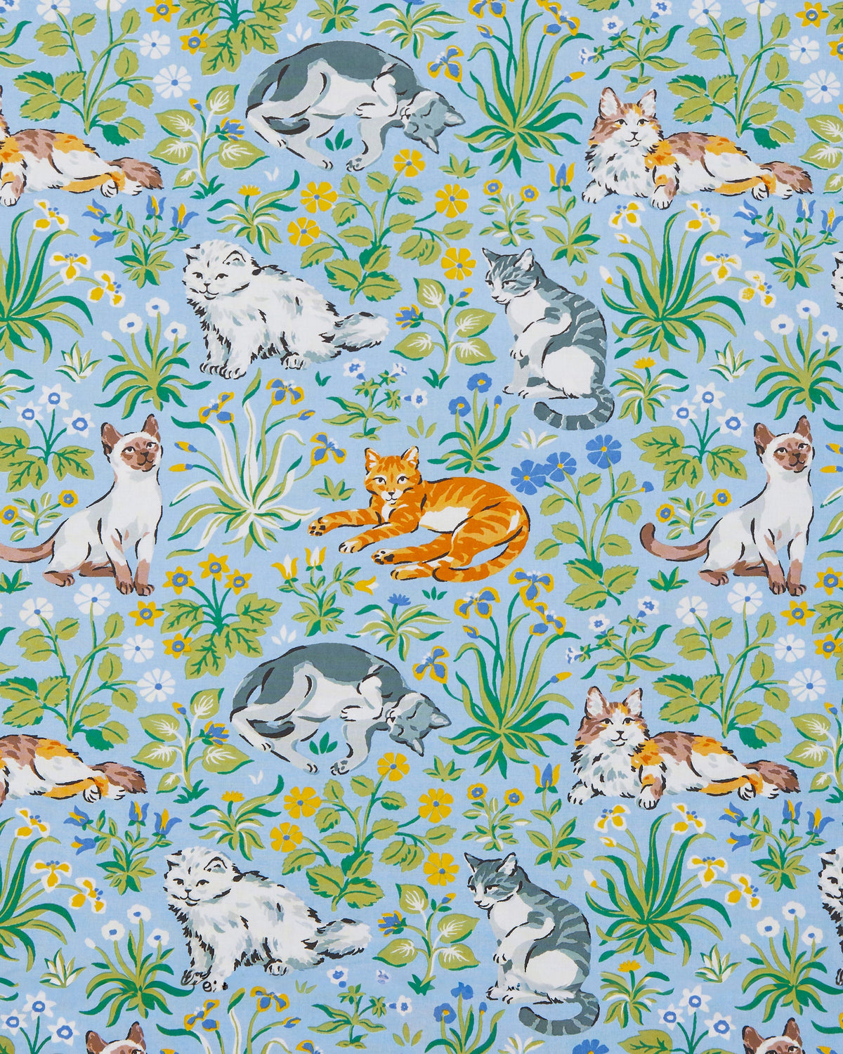 Light blue fabric swatch with a repeating pattern of cats, flowers, and green foliage.
