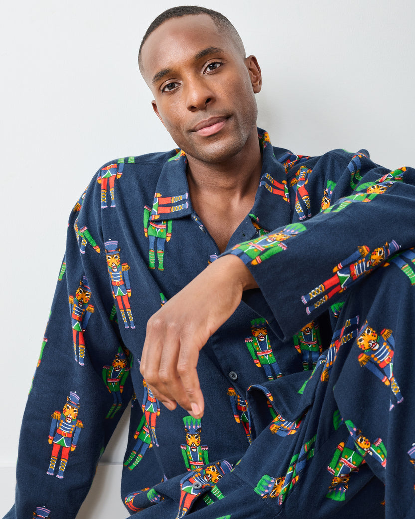 Leopard Nutcrackers - Men's Midweight Flannel Long PJ Set - Navy - Printfresh