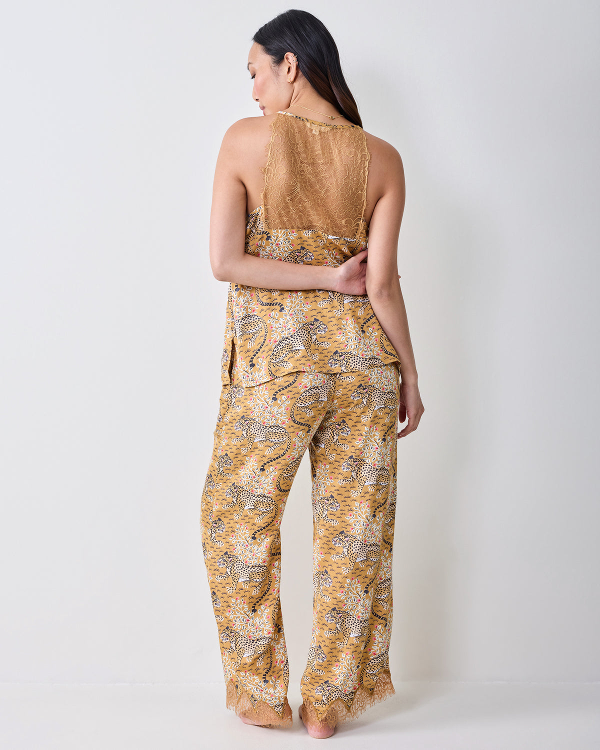 Back view of the Bagheera Tobacco Georgia pajama set, showing the lace-back cami top and full-length printed pants.