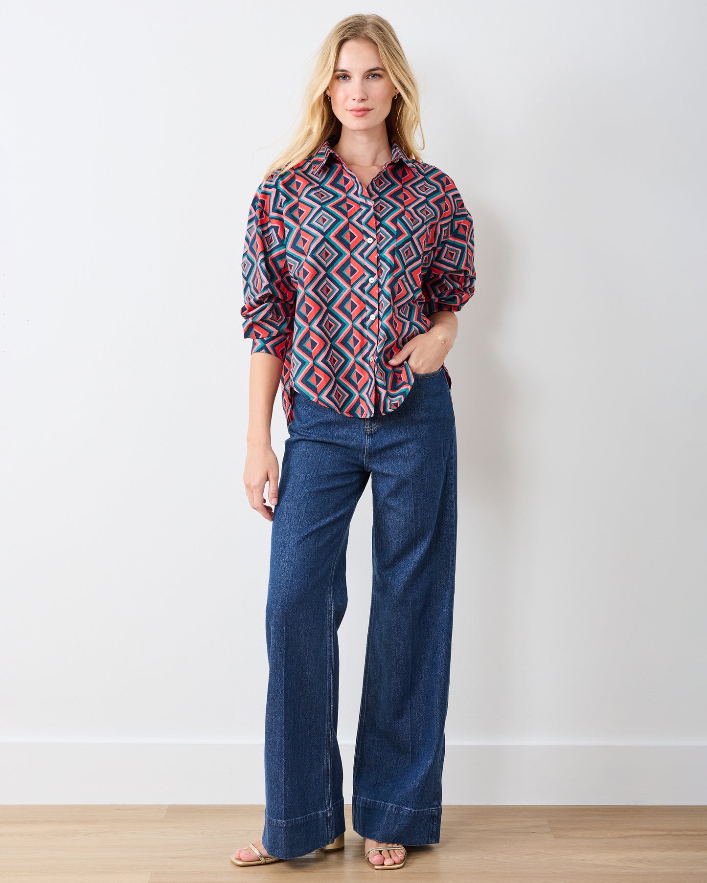 Kaleidoscope Diamond - Cleo Button Down - Navy/Red - Printfresh