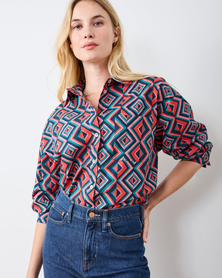 Kaleidoscope Diamond - Cleo Button Down - Navy/Red - Printfresh