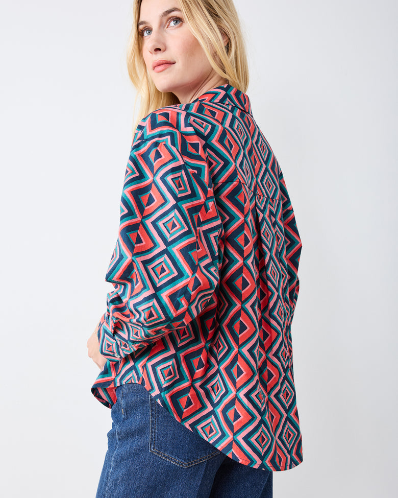 Kaleidoscope Diamond - Cleo Button Down - Navy/Red - Printfresh